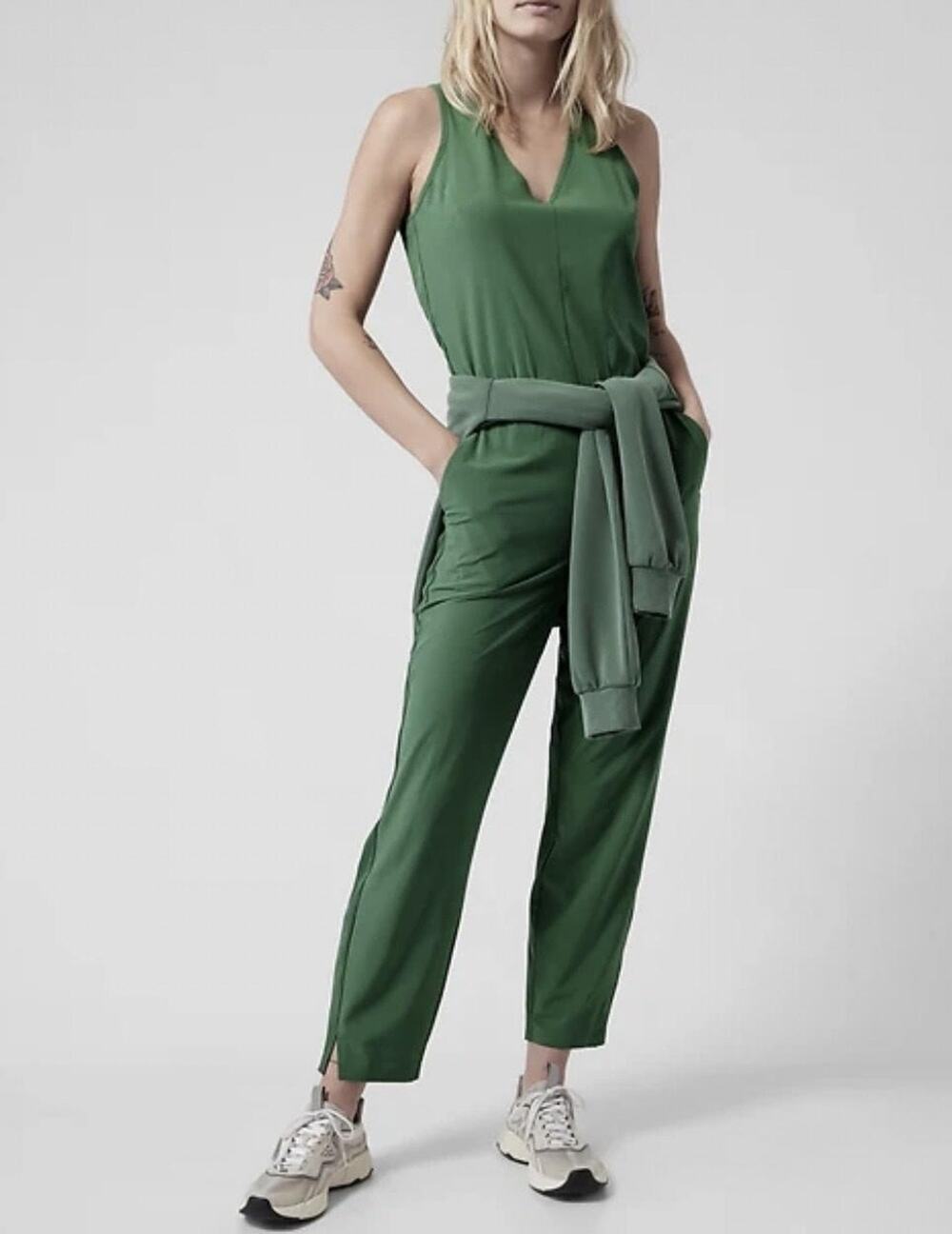 Athleta Brooklyn Jumpsuit Womens 8P Green Sleeveless V Neck Stretch Ankle Length